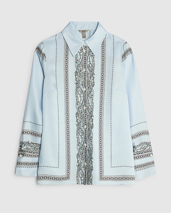 Blue Satin Paisley Print Long Sleeve Shirt