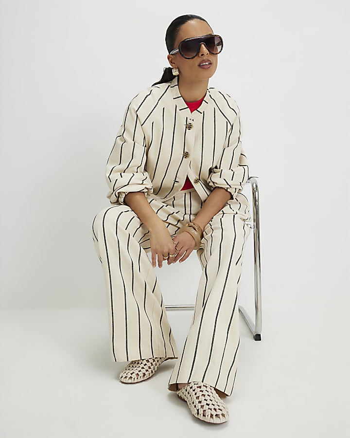 Petite Cream Stripe Wide Leg Trousers