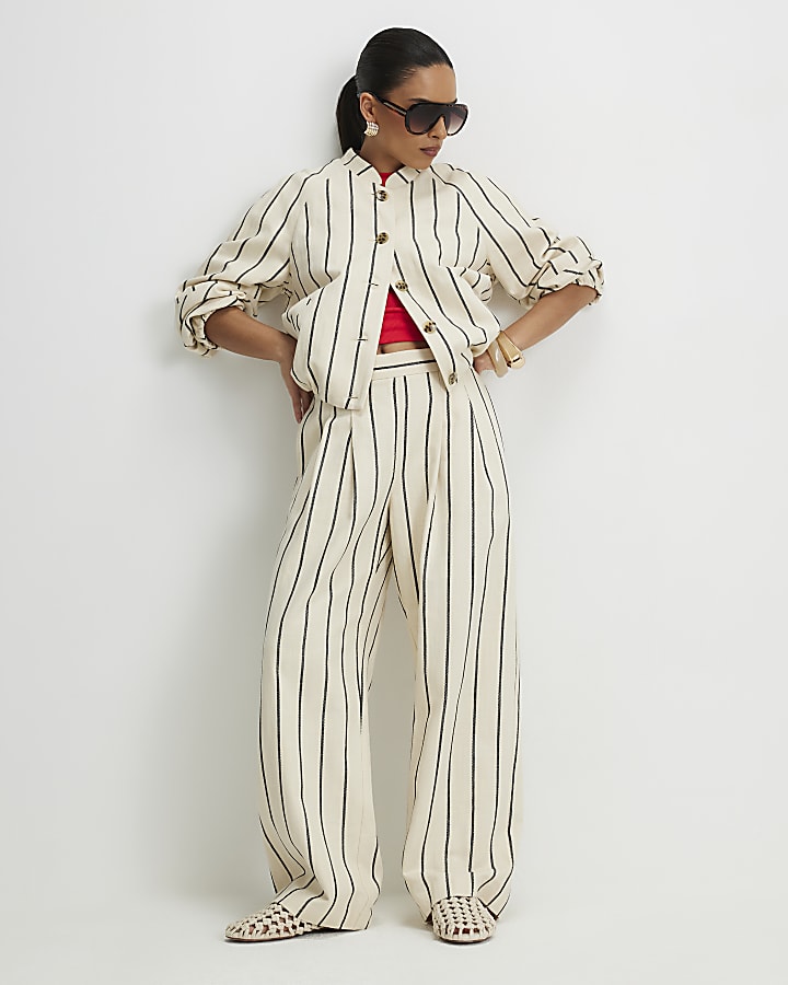 Petite Cream Stripe Wide Leg Trousers