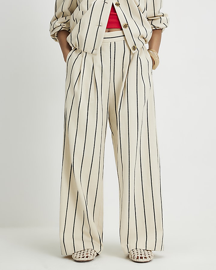 Petite Cream Stripe Wide Leg Trousers