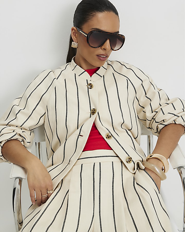 Petite Cream Stripe Bomber Jacket