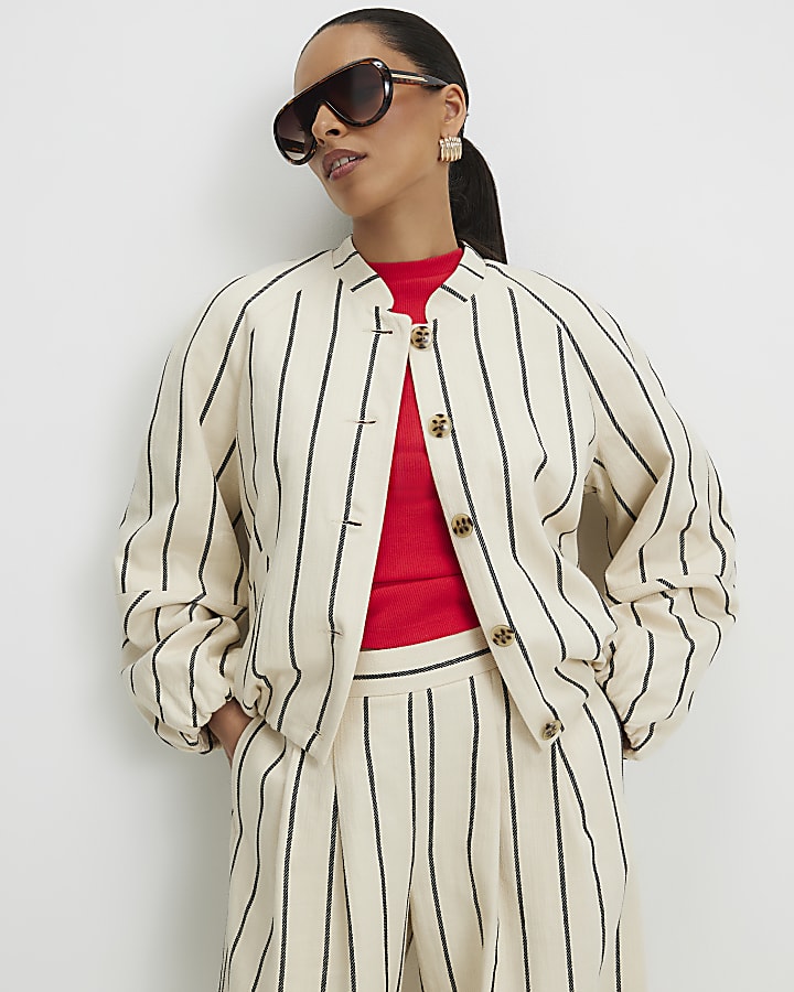 Petite Cream Stripe Bomber Jacket