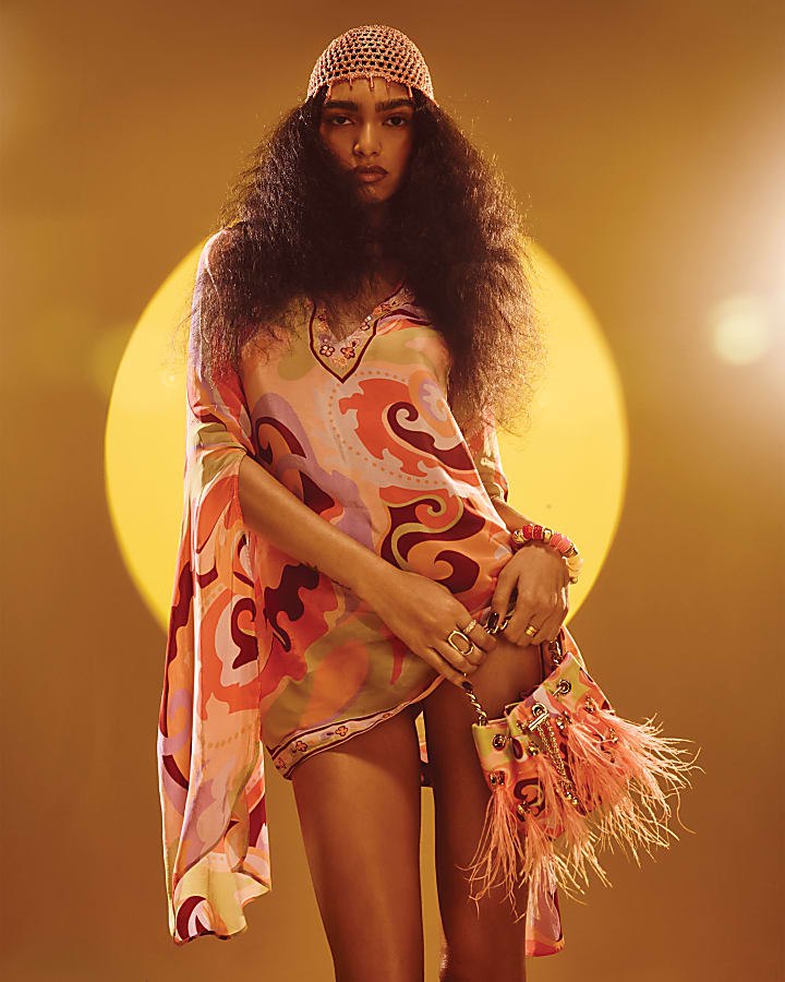 Petite Orange Swirl Plunge Mini Tunic Dress