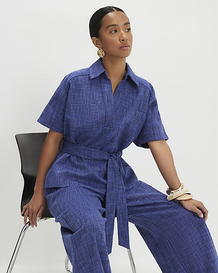Petite Navy Cotton Collared Belted Top
