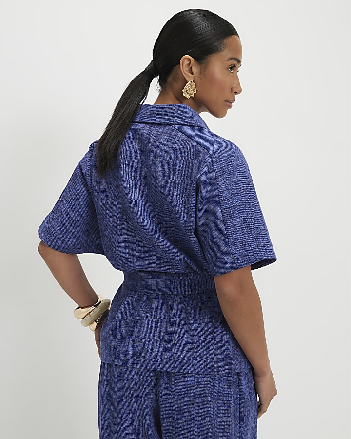 Petite Navy Cotton Collared Belted Top