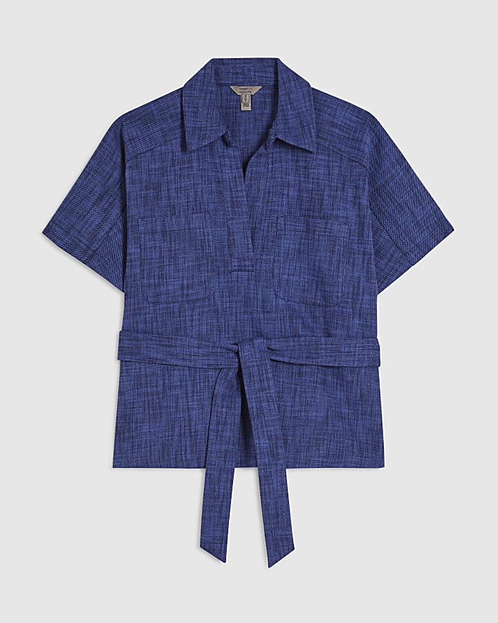 Petite Navy Cotton Collared Belted Top