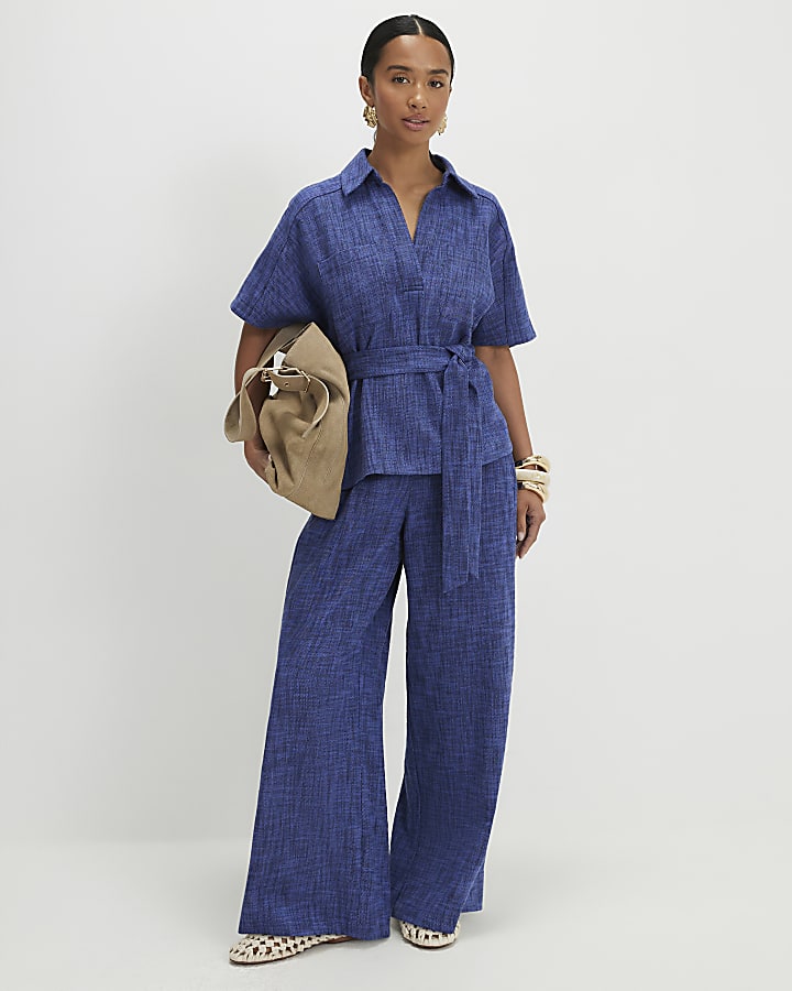 Petite Navy Cotton Collared Belted Top