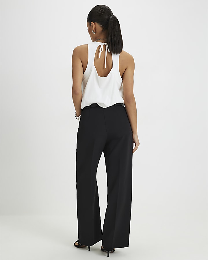 Petite Black Belted Straight Leg Trousers