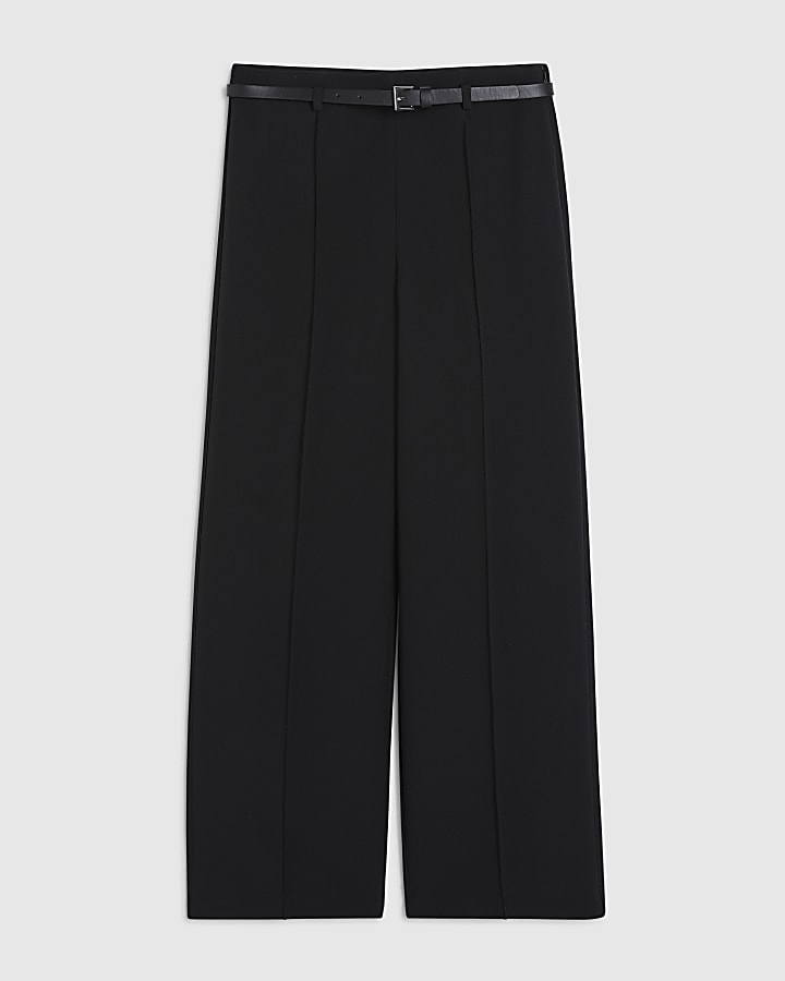 Petite Black Belted Straight Leg Trousers