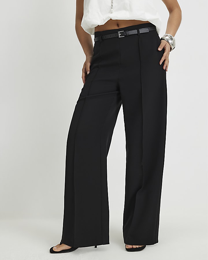 Petite Black Belted Straight Leg Trousers