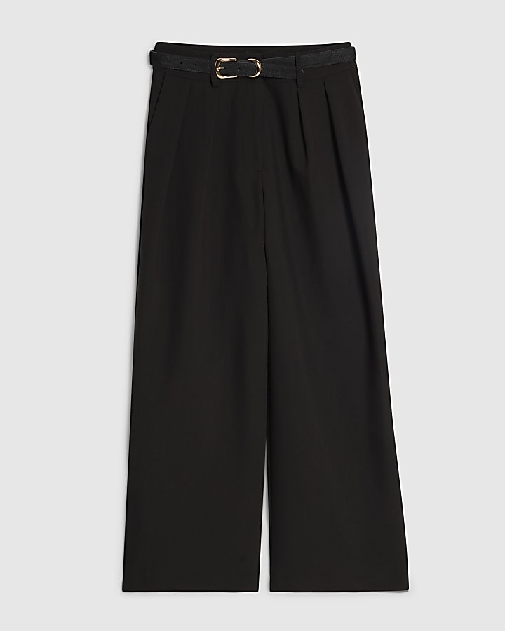 Petite Black Belted Wide Leg Trousers