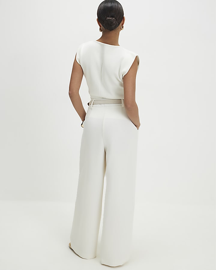 Petite Cream Belted Wide Leg Trousers