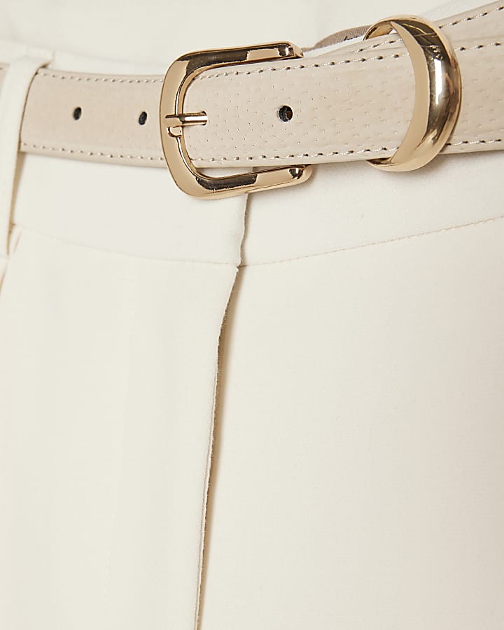 Petite Cream Belted Wide Leg Trousers