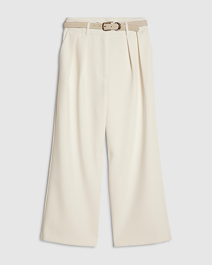 Petite Cream Belted Wide Leg Trousers