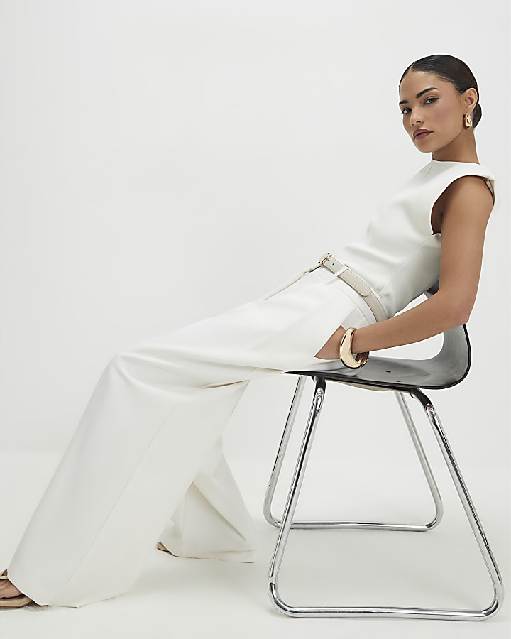 Petite Cream Belted Wide Leg Trousers