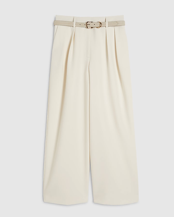 Petite Cream Belted Wide Leg Trousers