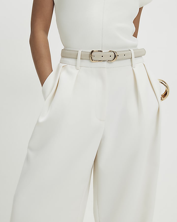 Petite Cream Belted Wide Leg Trousers