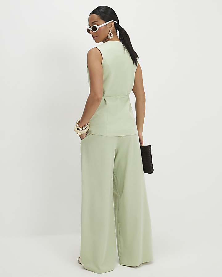 Petite Green Wrap Detail Wide Leg Trousers