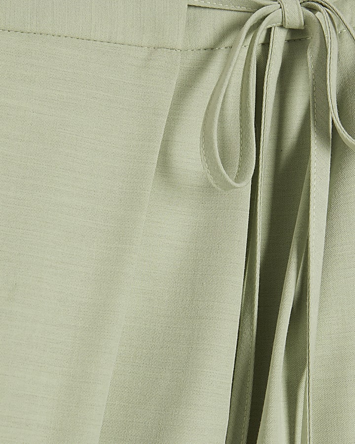 Petite Green Wrap Detail Wide Leg Trousers