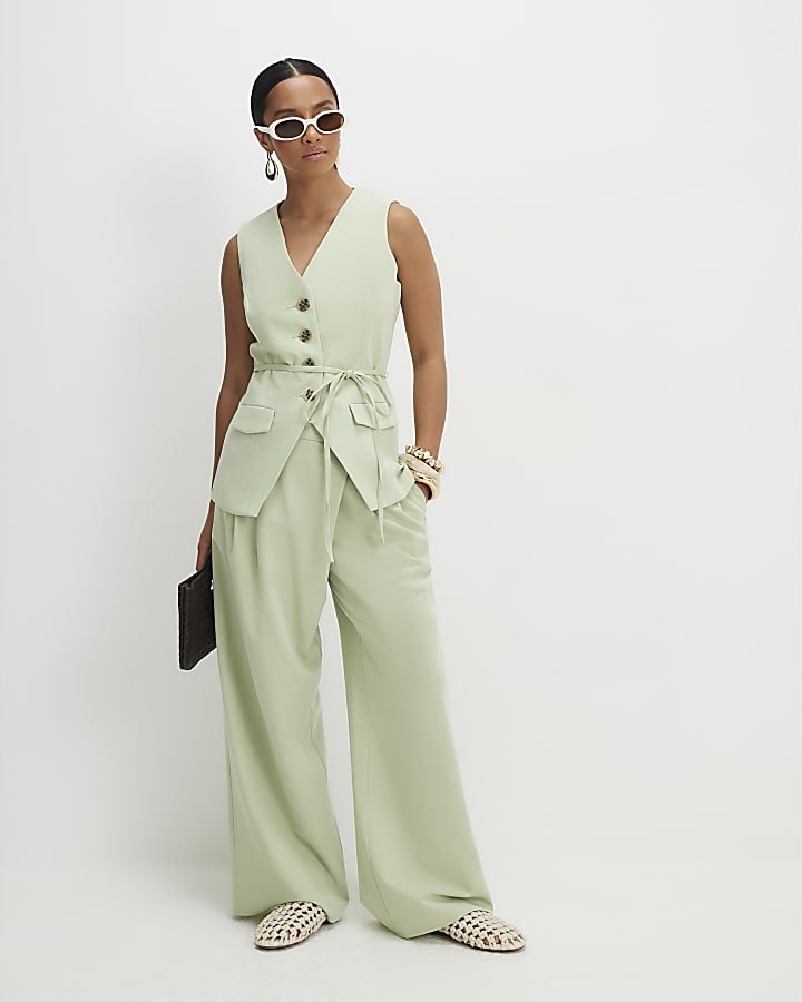 Petite Green Wrap Detail Wide Leg Trousers