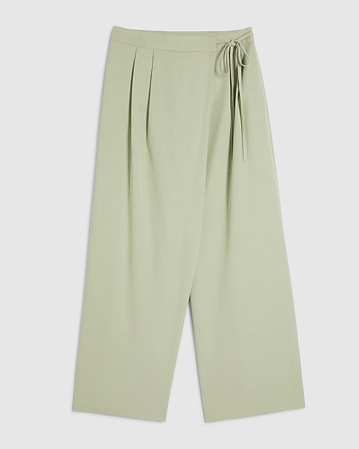 Petite Green Wrap Detail Wide Leg Trousers