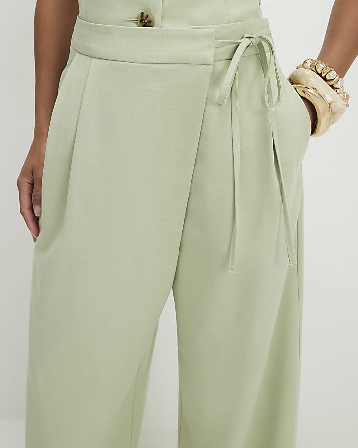 Petite Green Wrap Detail Wide Leg Trousers