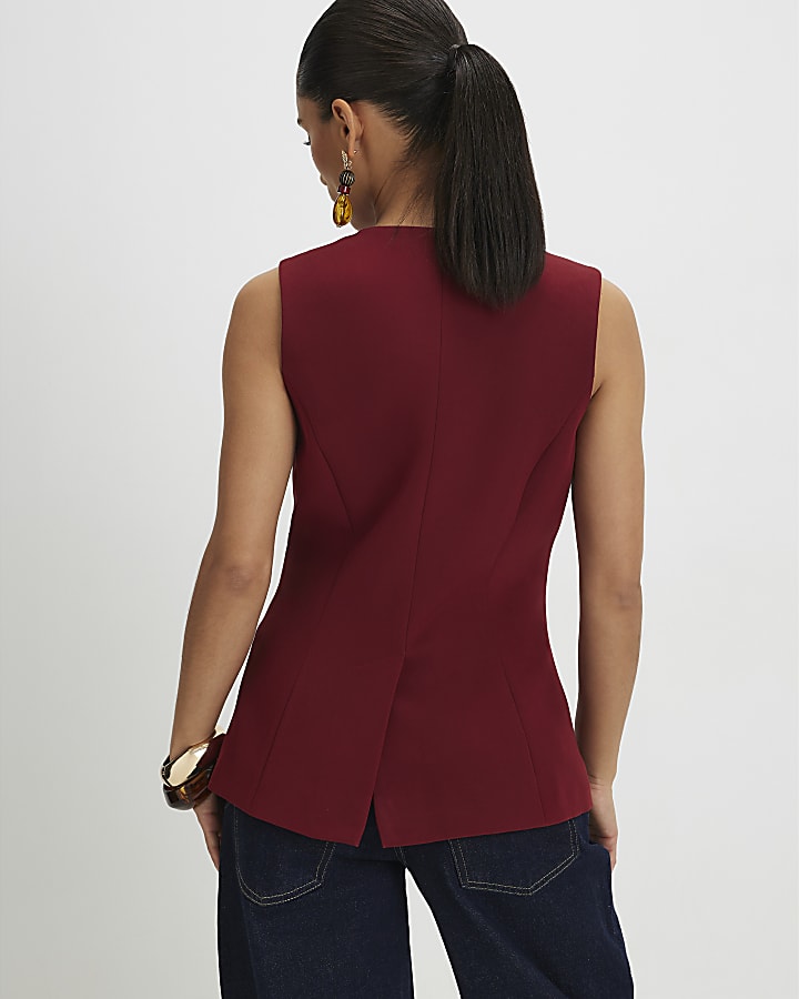 Petite Red Sleeveless Button Detail Waistcoat