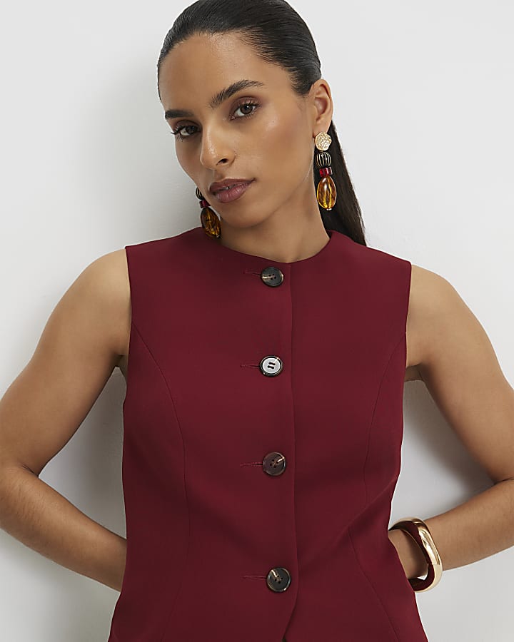 Petite Red Sleeveless Button Detail Waistcoat