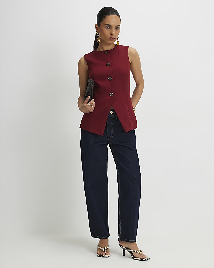 Petite Red Sleeveless Button Detail Waistcoat