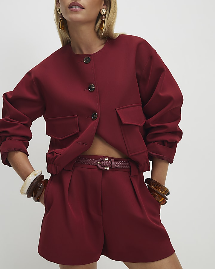 Petite Red Belted Shorts