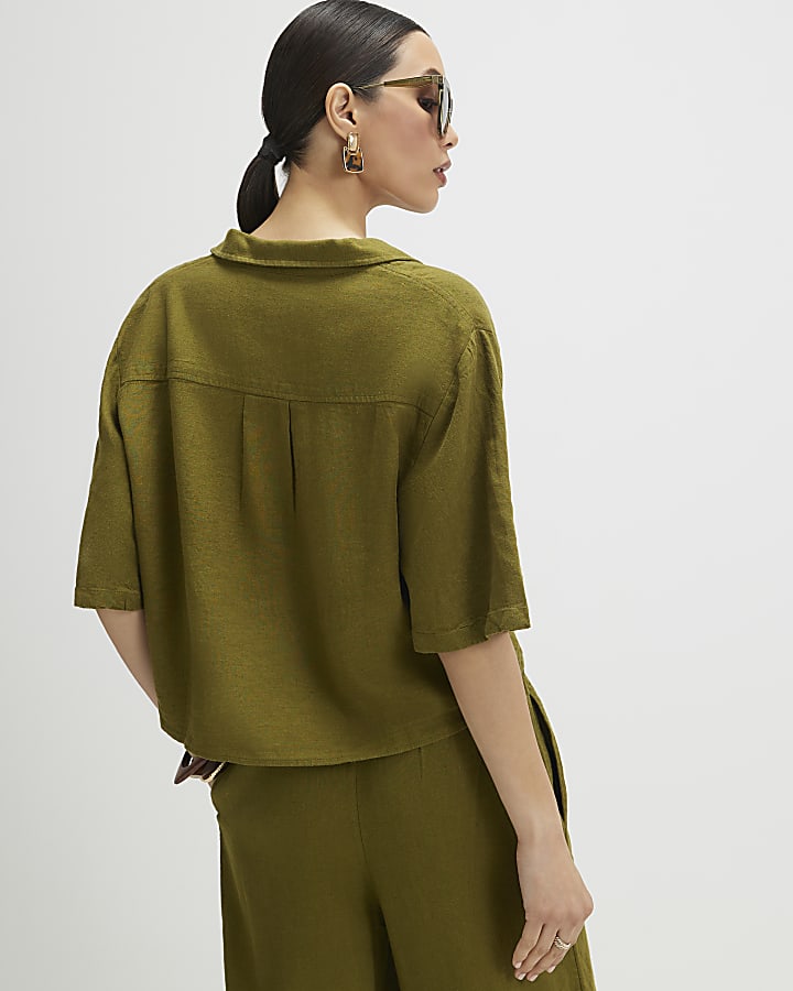 Khaki Linen Blend Short Sleeve Shirt