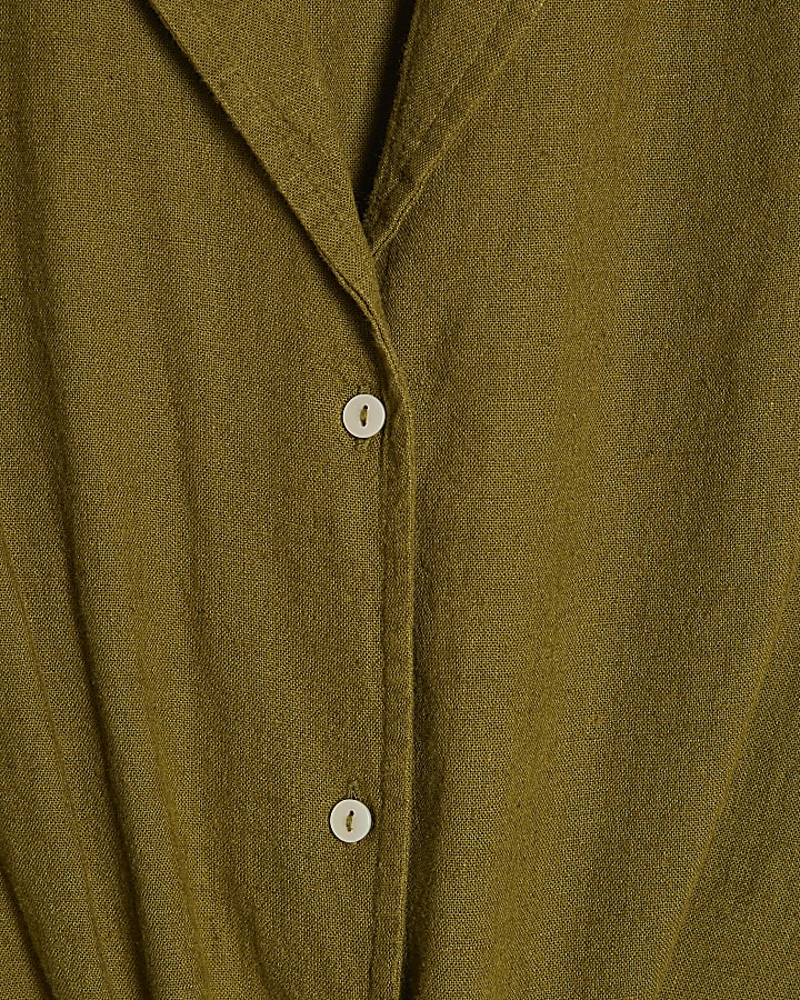Khaki Linen Blend Short Sleeve Shirt