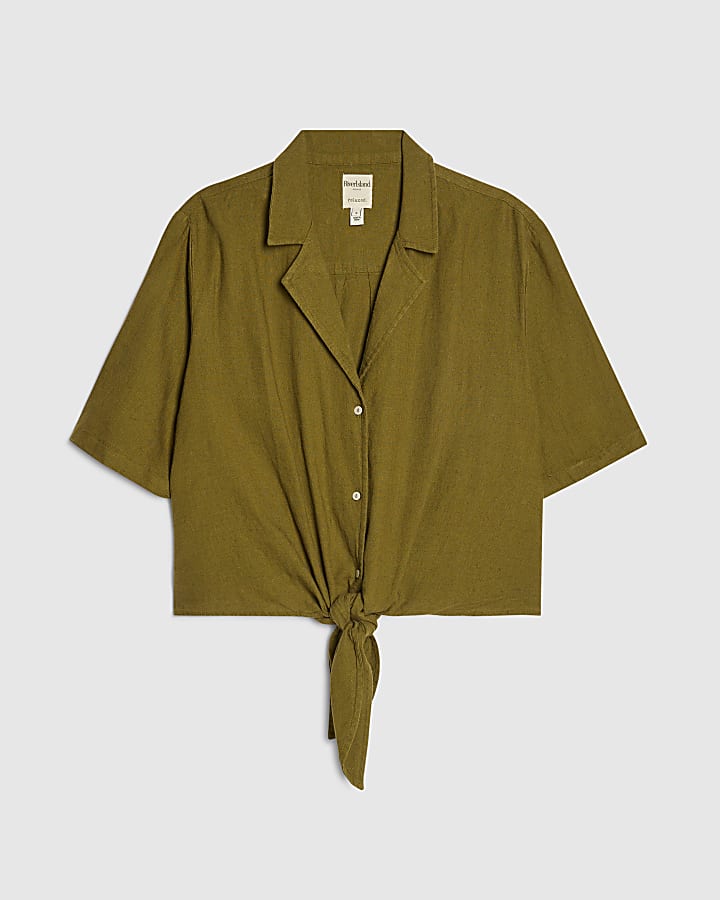Khaki Linen Blend Short Sleeve Shirt