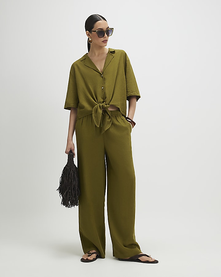 Khaki Linen Blend Short Sleeve Shirt