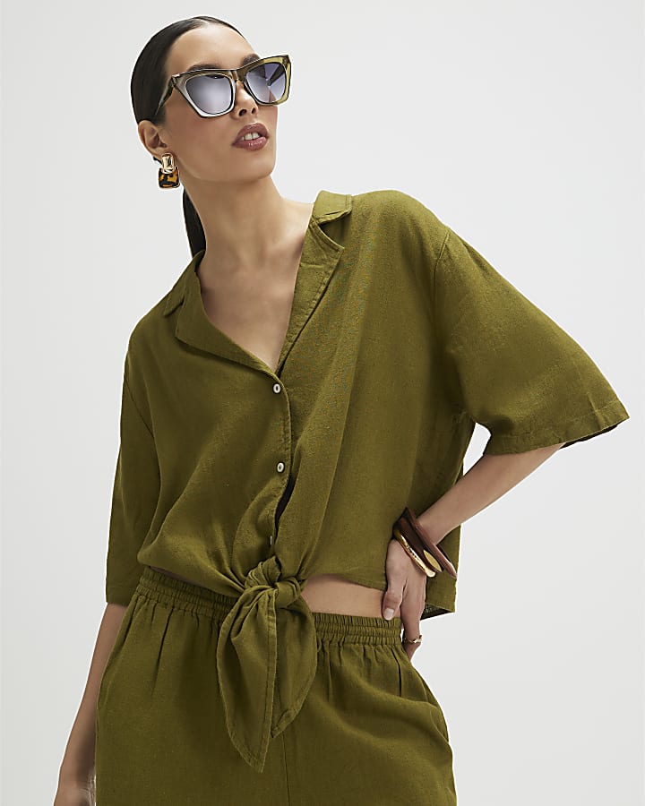 Khaki Linen Blend Short Sleeve Shirt