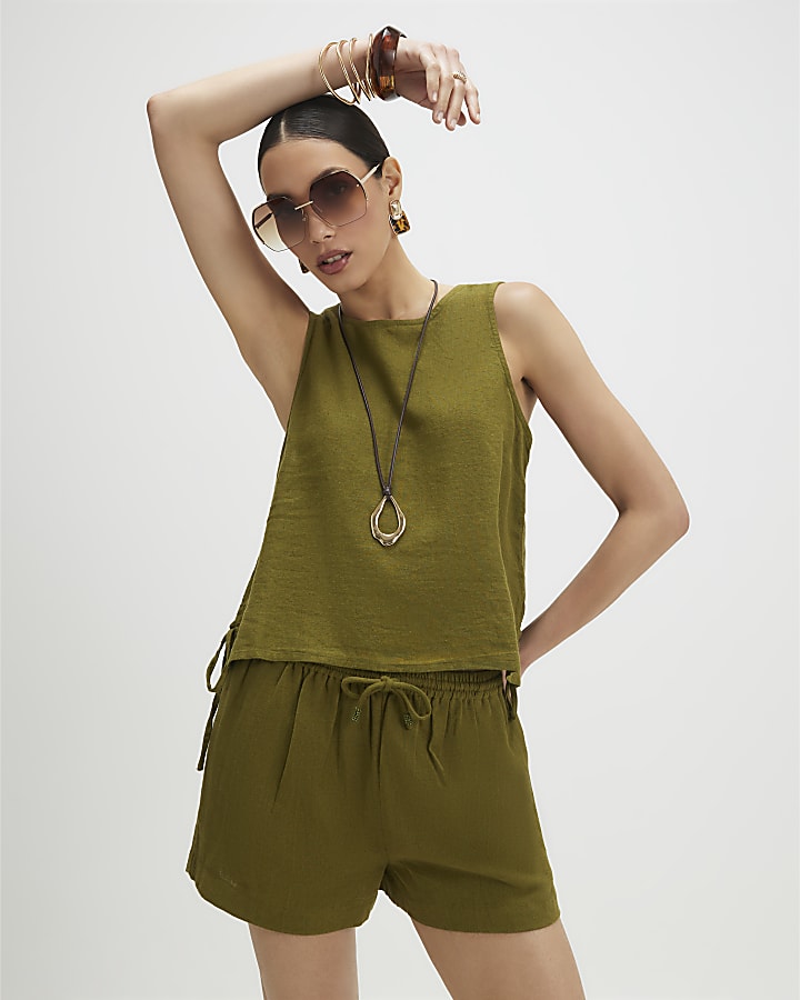 Khaki Linen Blend Shorts