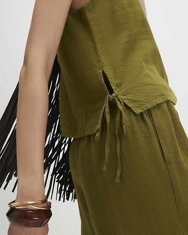 Khaki Linen Blend Tank Top