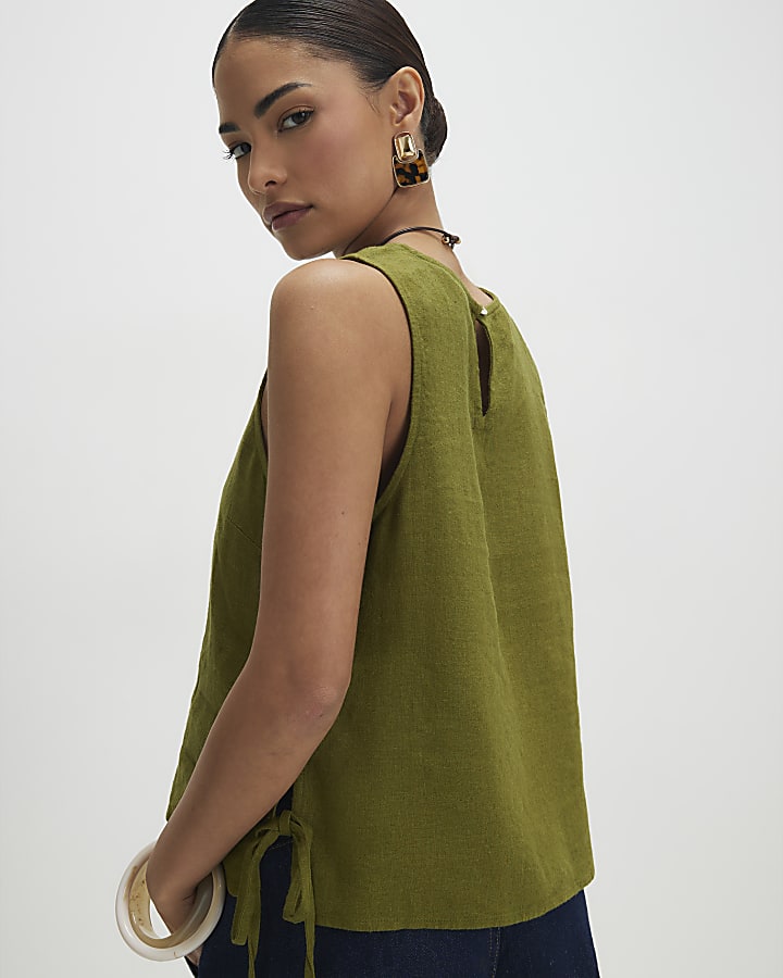 Petite Khaki Linen Tank Top