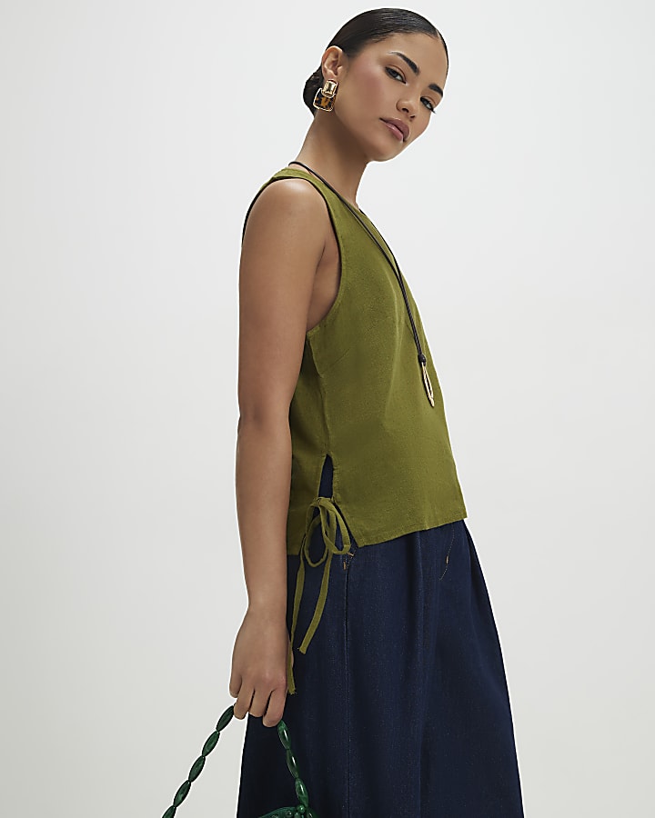 Petite Khaki Linen Tank Top