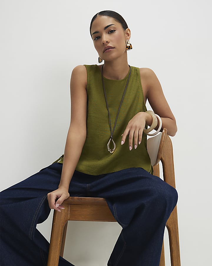 Petite Khaki Linen Tank Top