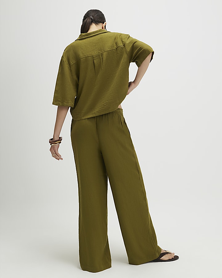 Khaki Linen Blend Wide Leg Trousers