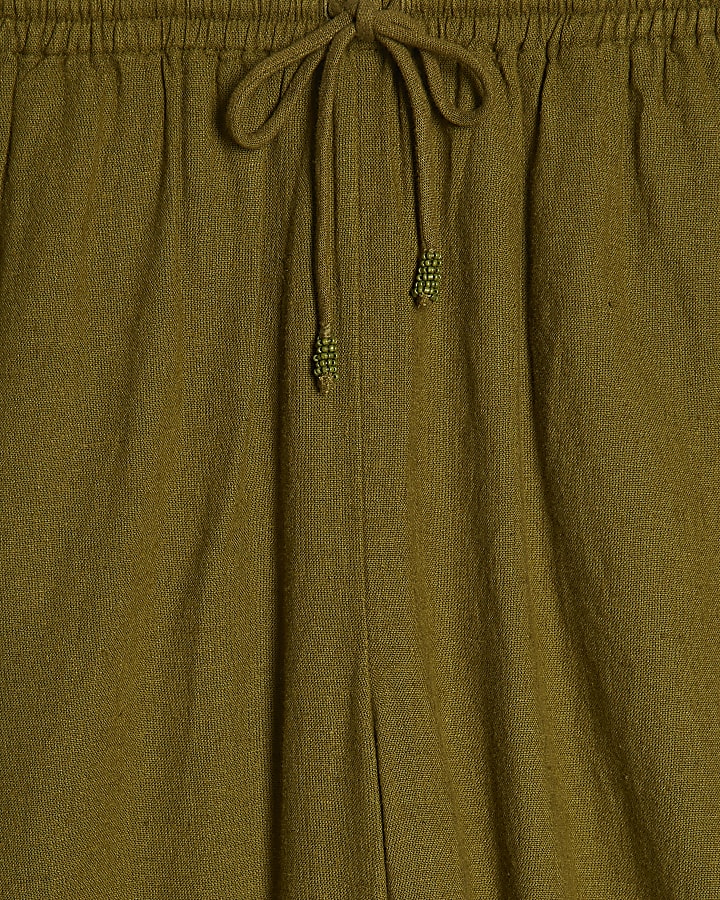 Khaki Linen Blend Wide Leg Trousers
