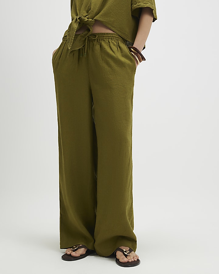 Khaki Linen Blend Wide Leg Trousers