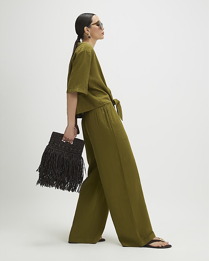 Khaki Linen Blend Wide Leg Trousers