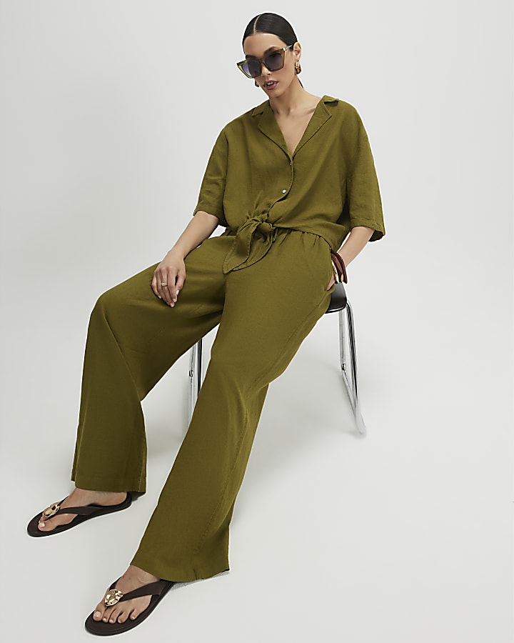 Khaki Linen Blend Wide Leg Trousers