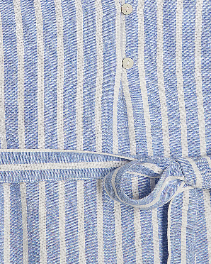 Blue Linen Blend Stripe Belted Dress