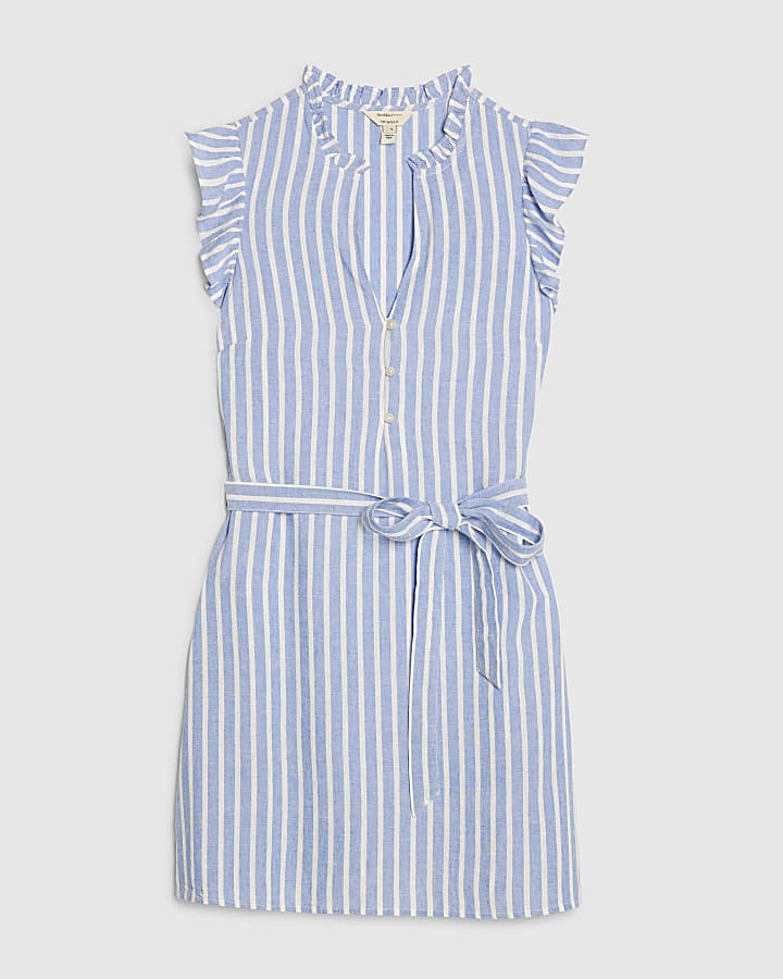 Blue Linen Blend Stripe Belted Dress