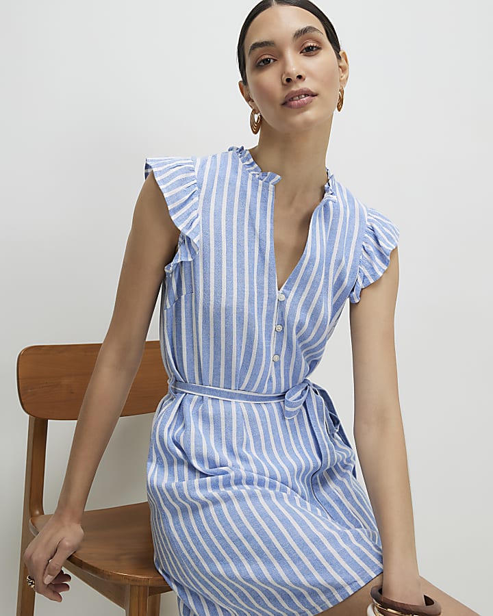 Blue Linen Blend Stripe Belted Dress