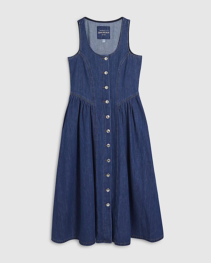 Blue Denim Button Front Midi Dress
