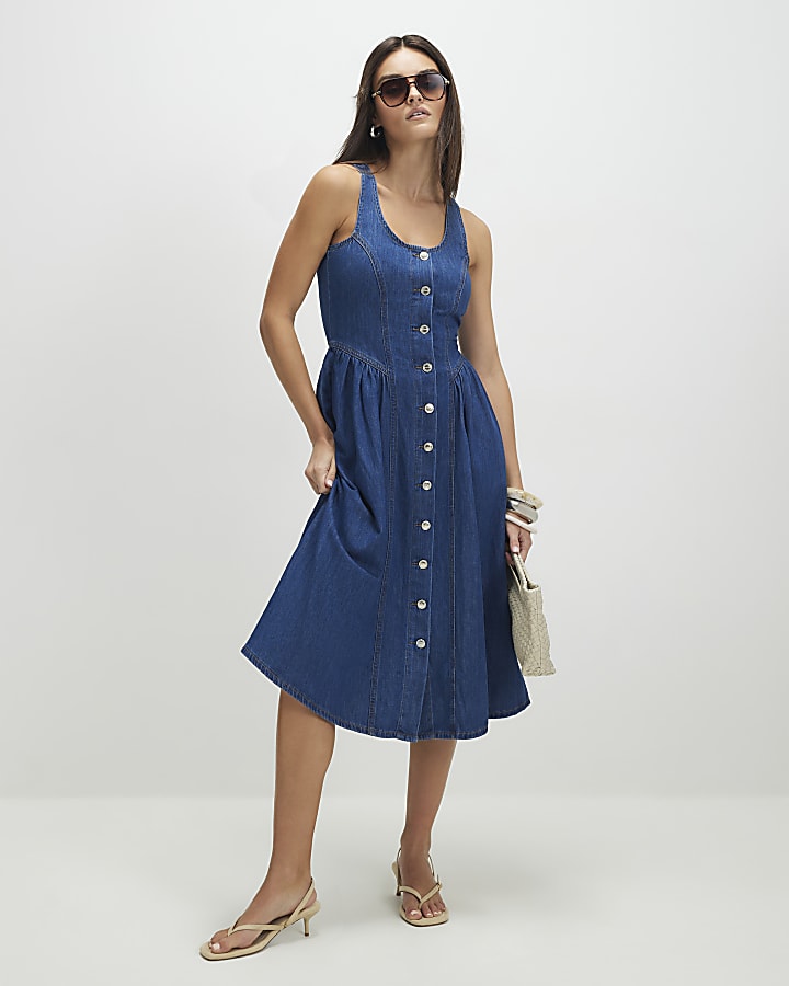 Blue Denim Button Front Midi Dress